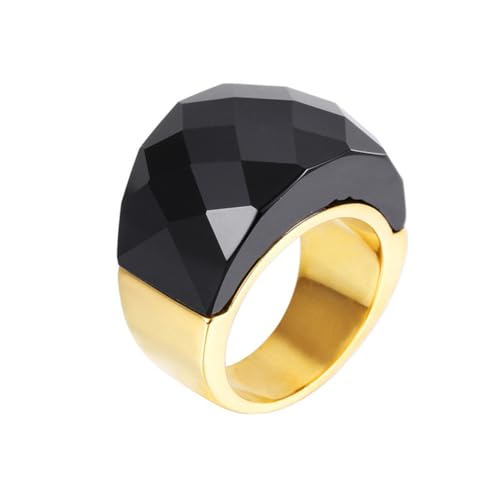 OAKKY Damen Edelstahl Kristallglas Edelstein Zirkon Chunky Cocktail Ring Funkeln Hochzeit Finger Schmuck Gold Schwarzer Stein Größe 62 (19.7) von OAKKY