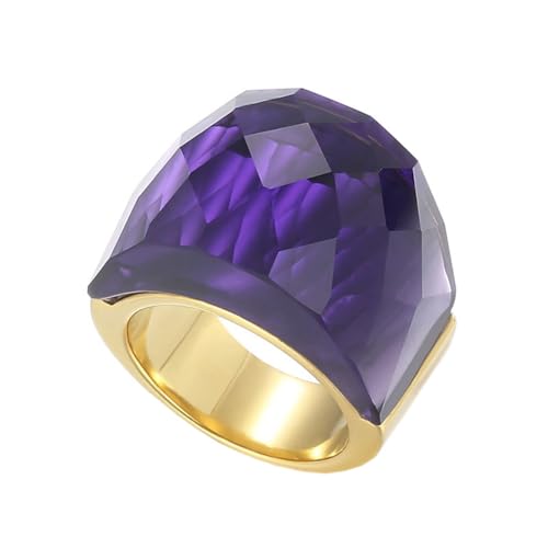 OAKKY Damen Edelstahl Kristallglas Edelstein Zirkon Chunky Cocktail Ring Funkeln Hochzeit Finger Schmuck Gold Violett Stein Größe 52 (16.6) von OAKKY