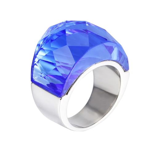 OAKKY Damen Edelstahl Kristallglas Edelstein Zirkon Chunky Cocktail Ring Funkeln Hochzeit Finger Schmuck Silber Blauer Stein Größe 52 (16.6) von OAKKY