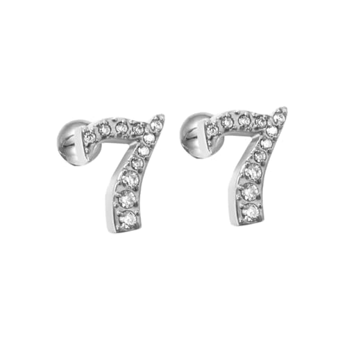 OAKKY Damen Edelstahl Minimalist Versilbert Arabische Zahlenpiercing Ohrringe Cz Micro Pflaster Ohrstecker, Zahl 7 von OAKKY