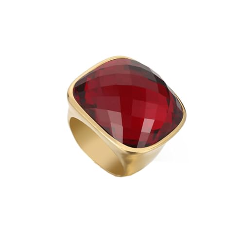 OAKKY Damen Edelstahl Übergroßer Kristallschliff Glas Strass Mehrfarbig Chunky Verlobungsring Glitzer Edelstein Ehering Gold Rot Stein Größe 54 (17.2) von OAKKY