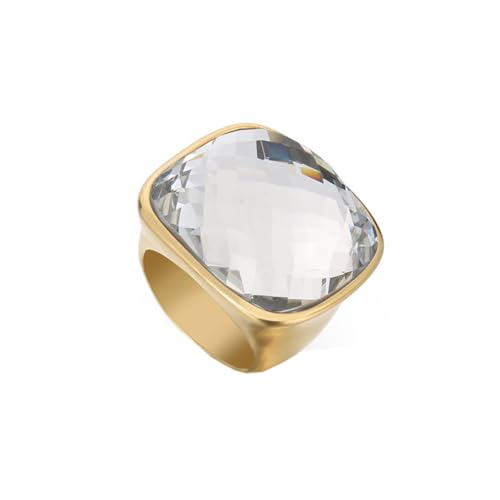 OAKKY Damen Edelstahl Übergroßer Kristallschliff Glas Strass Mehrfarbig Chunky Verlobungsring Glitzer Edelstein Ehering Gold Weißer Stein Größe 60 (19.1) von OAKKY