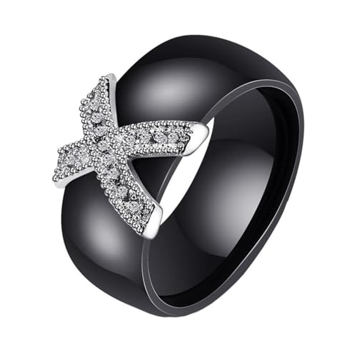 OAKKY Damen Edelstahl X Micro Cubic Zirkonia Mosaik Keramik Ehering Mode 8MM Plain Finger Band Schwarz Größe 65 (20.7) von OAKKY