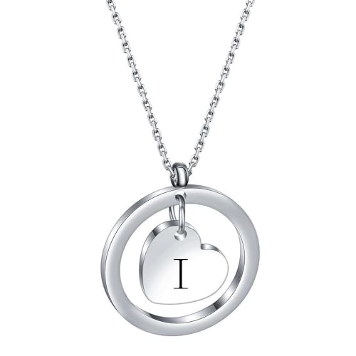 OAKKY Damen Edelstahl Zartes Rundes Durchbrochenes Liebe A-Z Alphabet Halskette Einfaches Klassisches Anhänger Jubiläums Schmuck Buchstabe I von OAKKY