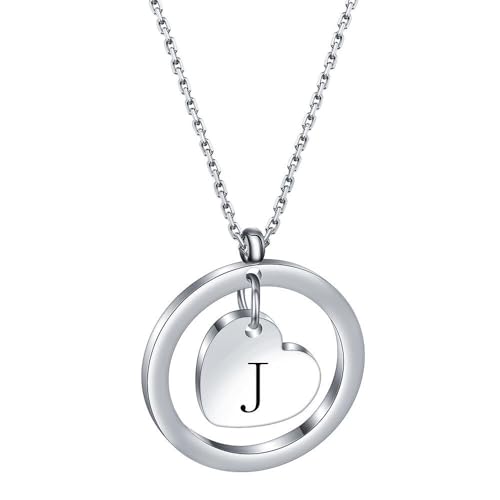 OAKKY Damen Edelstahl Zartes Rundes Durchbrochenes Liebe A-Z Alphabet Halskette Einfaches Klassisches Anhänger Jubiläums Schmuck Buchstabe J von OAKKY