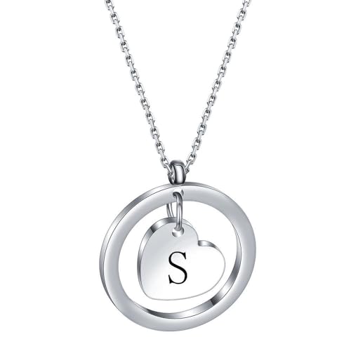 OAKKY Damen Edelstahl Zartes Rundes Durchbrochenes Liebe A-Z Alphabet Halskette Einfaches Klassisches Anhänger Jubiläums Schmuck Buchstabe S von OAKKY
