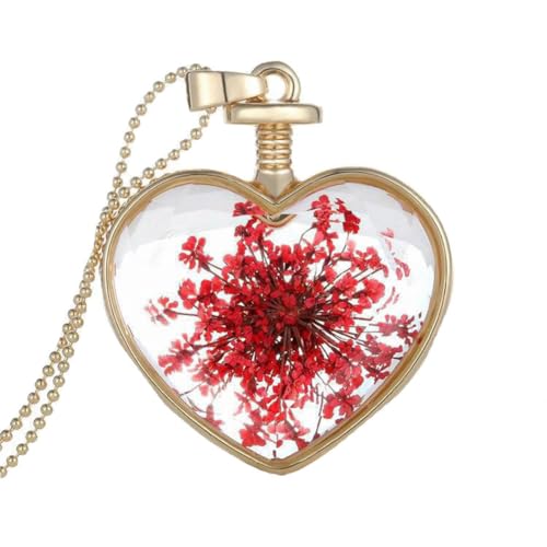 OAKKY Damen Edelstahl Zierliche einfache gepresste Blume Anhänger Herz Kristallglas Halsketten Stil B von OAKKY
