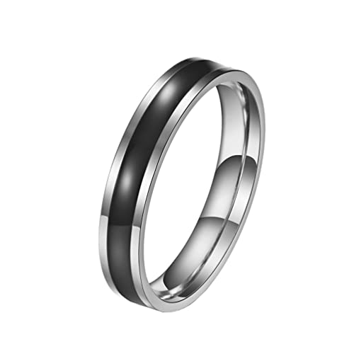 OAKKY Damen Herren 4MM Klassisch Einfach Schwarz Emaille Stapelbarer Ring Edelstahl Glatt Hochglanzpoliert Paar Ehering Silber Größe 50 (15.9) von OAKKY