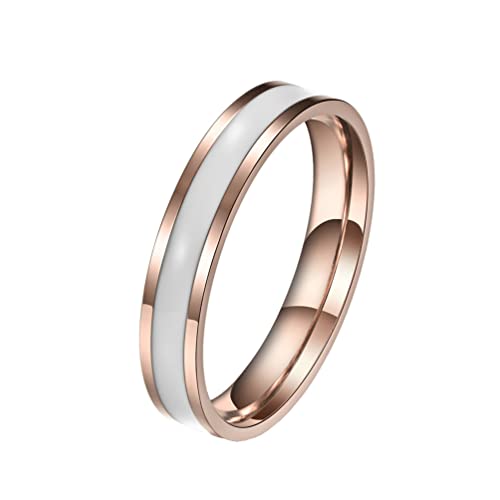 OAKKY Damen Herren 4MM Klassisch Einfach Weiß Emaille Stapelbarer Ring Edelstahl Glatt Hochglanzpoliert Paar Ehering Roségold Größe 57 (18.1) von OAKKY