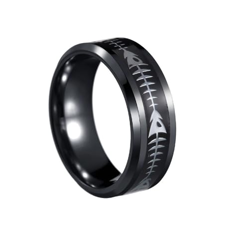 OAKKY Edelstahl Trendig 8mm Fischgräten-Eingelegt Einzigartig Neu Exquisit Dominant Retro Ring Unisex Schwarz-Silber Größe 52(16.6) von OAKKY