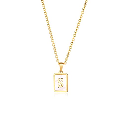 OAKKY Frauen Edelstahl Einfache Quadratische Muschel Stichworte Capital Initial Name 26 Alphabet Paar Anhänger Halskette Schlüsselbein Kette Gold S von OAKKY