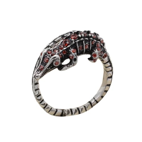 OAKKY Herren Creative Herrschsüchtig Krokodil Biker Ring Edelstahl mit Rot Zirkon Alligator Wrap Shape Wild Animal Charm Silver Größe 62 (19.7) von OAKKY