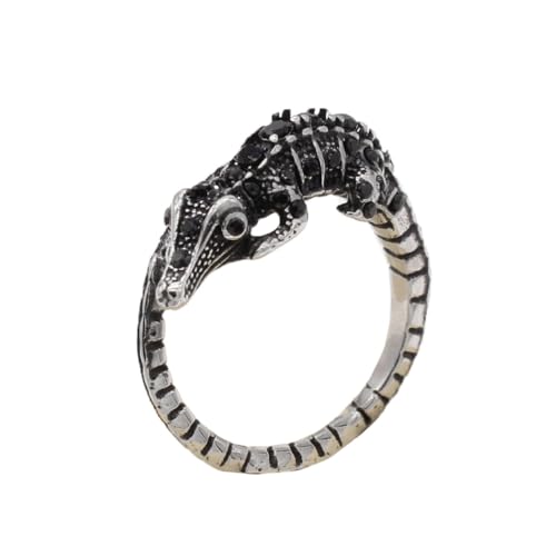 OAKKY Herren Creative Herrschsüchtig Krokodil Biker Ring Edelstahl mit Schwarz Zirkon Alligator Wrap Shape Wild Animal Charm Silber Größe 54 (17.2) von OAKKY