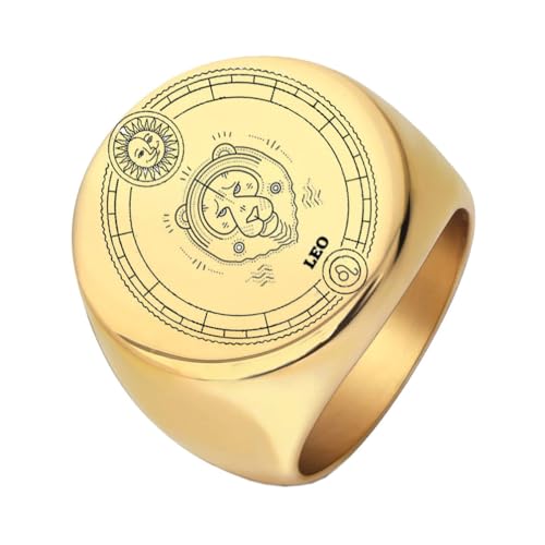 OAKKY Herren Damen Edelstahl 22mm Rund Tierkreis Tier Ring Hochzeit Verlobung Statement Schmuck Gold Leo Größe 65 (20.7) von OAKKY