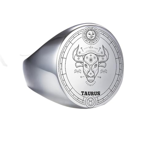 OAKKY Herren Damen Edelstahl 22mm Rund Tierkreis Tier Ring Hochzeit Verlobung Statement Schmuck Silber Taurus Größe 70 (22.3) von OAKKY