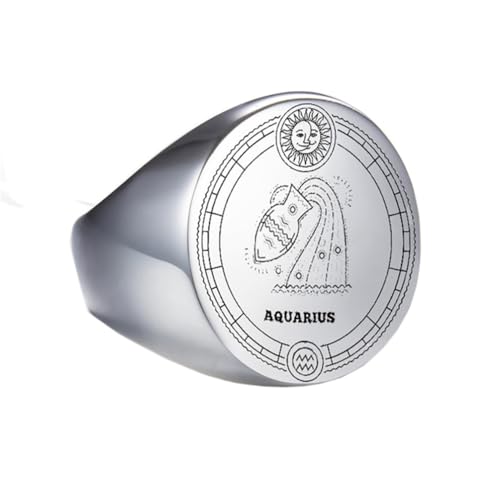 OAKKY Herren Damen Edelstahl 22mm Rund Tierkreis Tier Ring Hochzeit Verlobung Statement Schmuck Silber Wassermann Größe 70 (22.3) von OAKKY