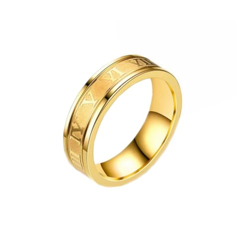 OAKKY Herren Damen Edelstahl 6MM Römische Ziffer graviertes Paar Ehering Titan Stapelbares Fingerband Gold Größe 60 (19.1) von OAKKY