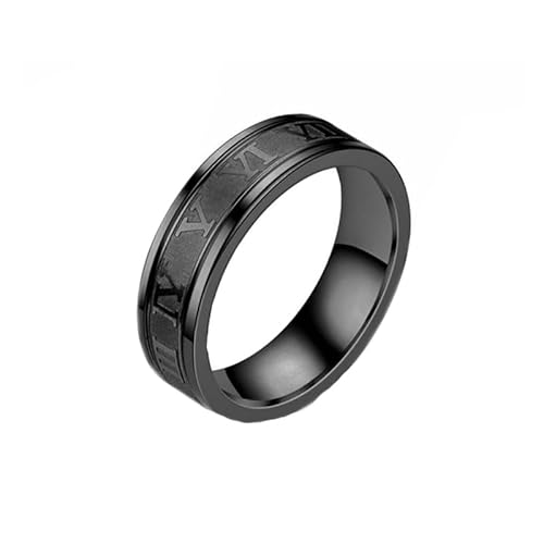 OAKKY Herren Damen Edelstahl 6MM Römische Ziffer graviertes Paar Ehering Titan Stapelbares Fingerband Schwarz Größe 62 (19.7) von OAKKY