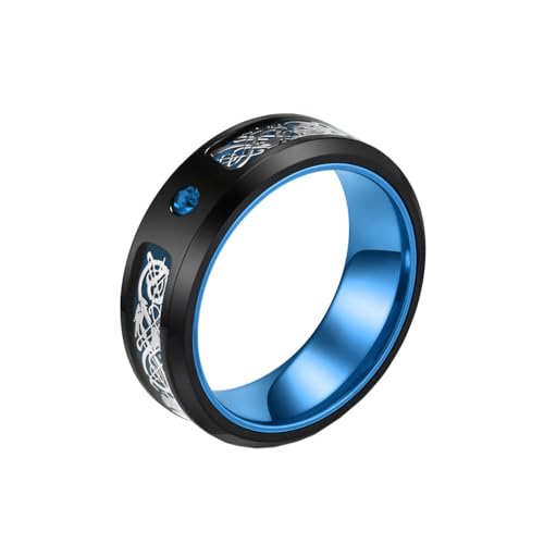 OAKKY Herren Damen Edelstahl 8MM Kohlefaser Keltischer Drache Inlay Zirkon Verlobungsring Poliertes Hochzeitspaar Band Blau Größe 70 (22.3) von OAKKY