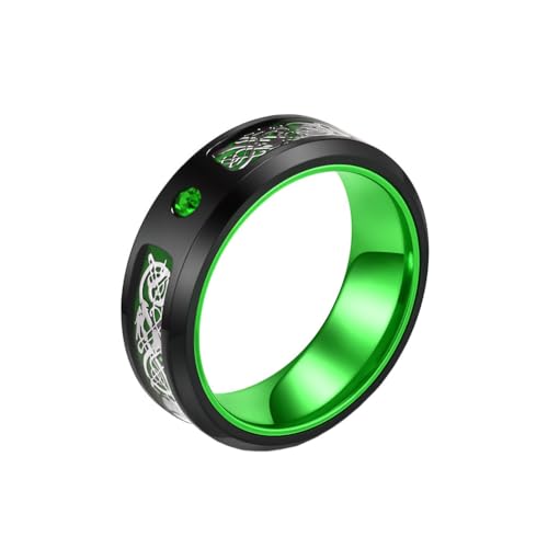 OAKKY Herren Damen Edelstahl 8MM Kohlefaser Keltischer Drache Inlay Zirkon Verlobungsring Poliertes Hochzeitspaar Band Grün Größe 70 (22.3) von OAKKY