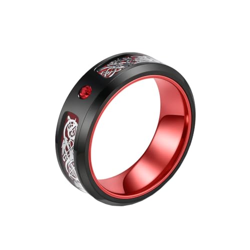 OAKKY Herren Damen Edelstahl 8MM Kohlefaser Keltischer Drache Inlay Zirkon Verlobungsring Poliertes Hochzeitspaar Band Rot Größe 62 (19.7) von OAKKY