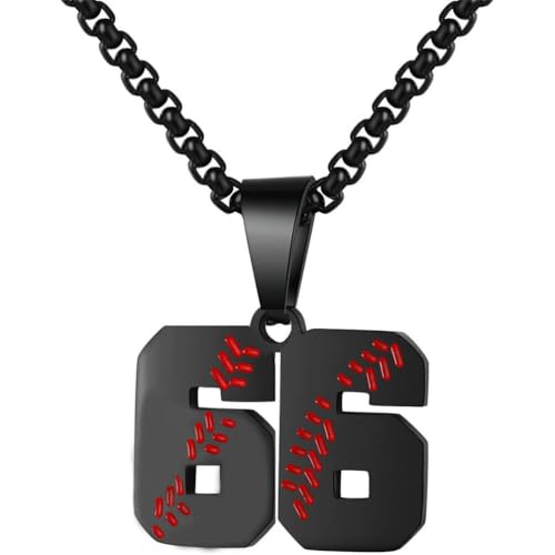 OAKKY Herren Damen Edelstahl Athleten Glückszahl 00-99 Halsketten Sport Anhänger Kette Baseball Team Inspiration Schmuck Schwarz Nummer 66 von OAKKY