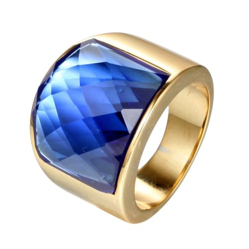 OAKKY Herren Damen Edelstahl Charmanter Geschliffener Opal Edelstein Großer Achat Glas Kristall Ehering Zirisch Ziron Biker Band Gold Blau Stein Größe 65 (20.7) von OAKKY