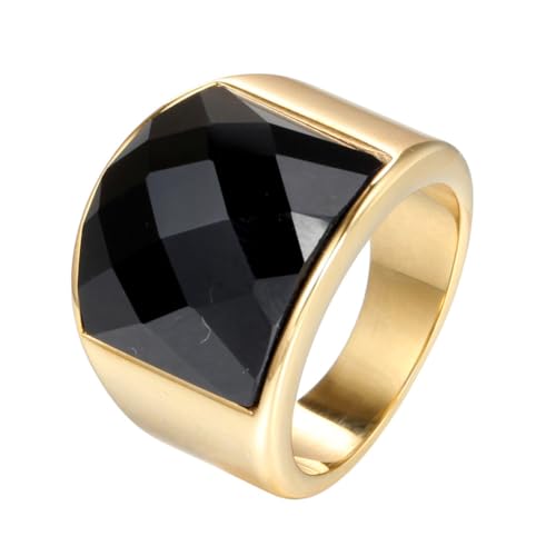 OAKKY Herren Damen Edelstahl Charmanter Geschliffener Opal Edelstein Großer Achat Glas Kristall Ehering Zirisch Ziron Biker Band Gold Schwarzer Stein Größe 62 (19.7) von OAKKY