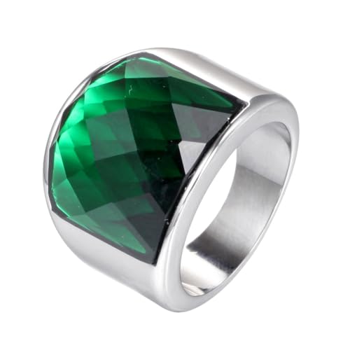 OAKKY Herren Damen Edelstahl Charmanter Geschliffener Opal Edelstein Großer Achat Glas Kristall Ehering Zirisch Ziron Biker Band Silber Grüner Stein Größe 57 (18.1) von OAKKY