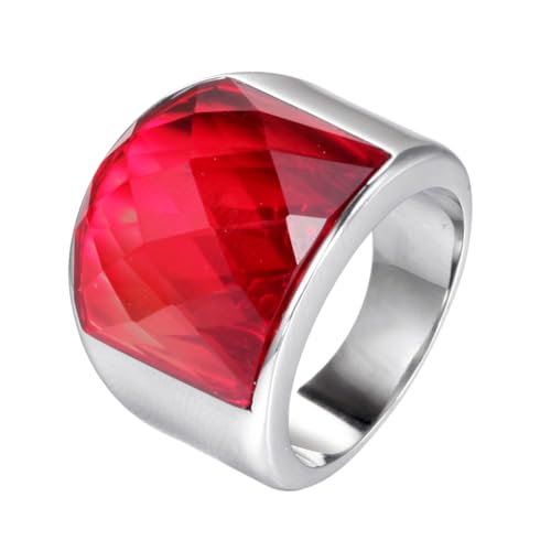 OAKKY Herren Damen Edelstahl Charmanter Geschliffener Opal Edelstein Großer Achat Glas Kristall Ehering Zirisch Ziron Biker Band Silber Rot Stein Größe 62 (19.7) von OAKKY