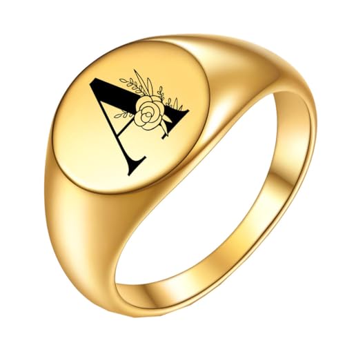 OAKKY Herren Damen Edelstahl Einfach Rose 22mm Rund Alphabet A bis Z Initialen Ringe Hochzeit Verlobung Statement Schmuck Gold A Größe 52 (16.6) von OAKKY
