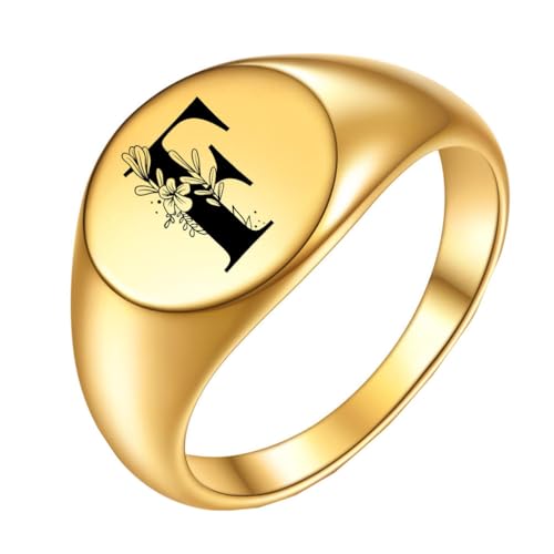OAKKY Herren Damen Edelstahl Einfach Rose 22mm Rund Alphabet A bis Z Initialen Ringe Hochzeit Verlobung Statement Schmuck Gold F Größe 57 (18.1) von OAKKY