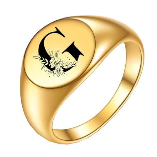 OAKKY Herren Damen Edelstahl Einfach Rose 22mm Rund Alphabet A bis Z Initialen Ringe Hochzeit Verlobung Statement Schmuck Gold G Größe 50 (15.9) von OAKKY