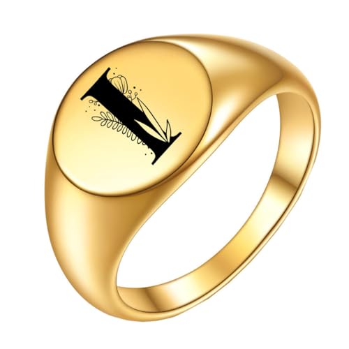 OAKKY Herren Damen Edelstahl Einfach Rose 22mm Rund Alphabet A bis Z Initialen Ringe Hochzeit Verlobung Statement Schmuck Gold I Größe 47 (15.0) von OAKKY