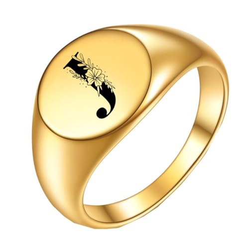OAKKY Herren Damen Edelstahl Einfach Rose 22mm Rund Alphabet A bis Z Initialen Ringe Hochzeit Verlobung Statement Schmuck Gold J Größe 50 (15.9) von OAKKY