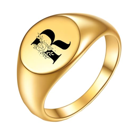 OAKKY Herren Damen Edelstahl Einfach Rose 22mm Rund Alphabet A bis Z Initialen Ringe Hochzeit Verlobung Statement Schmuck Gold R Größe 50 (15.9) von OAKKY