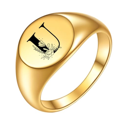 OAKKY Herren Damen Edelstahl Einfach Rose 22mm Rund Alphabet A bis Z Initialen Ringe Hochzeit Verlobung Statement Schmuck Gold U Größe 52 (16.6) von OAKKY