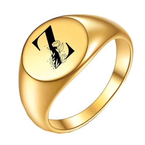 OAKKY Herren Damen Edelstahl Einfach Rose 22mm Rund Alphabet A bis Z Initialen Ringe Hochzeit Verlobung Statement Schmuck Gold Z Größe 47 (15.0) von OAKKY