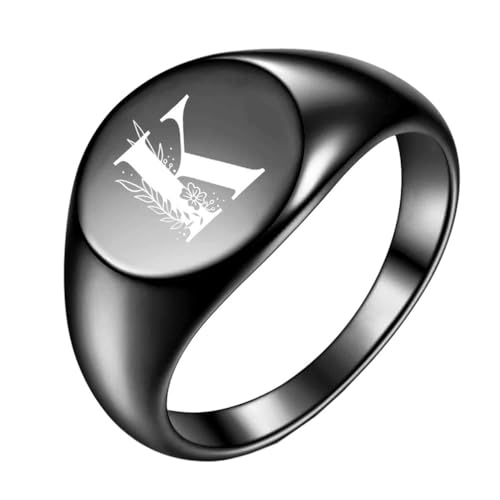 OAKKY Herren Damen Edelstahl Einfach Rose 22mm Rund Alphabet A bis Z Initialen Ringe Hochzeit Verlobung Statement Schmuck Schwarz K Größe 52 (16.6) von OAKKY