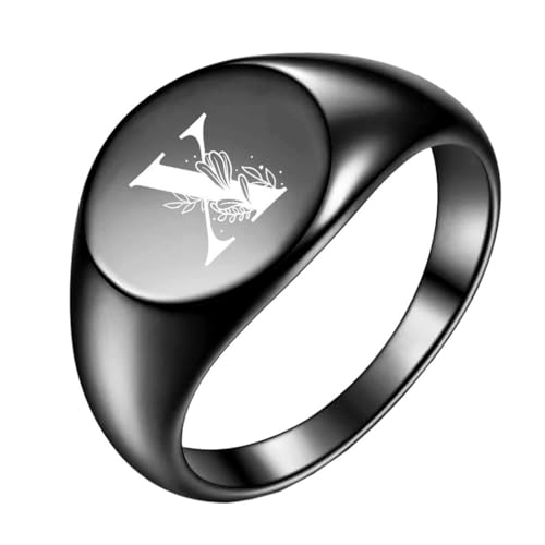 OAKKY Herren Damen Edelstahl Einfach Rose 22mm Rund Alphabet A bis Z Initialen Ringe Hochzeit Verlobung Statement Schmuck Schwarz X Größe 68 (21.6) von OAKKY