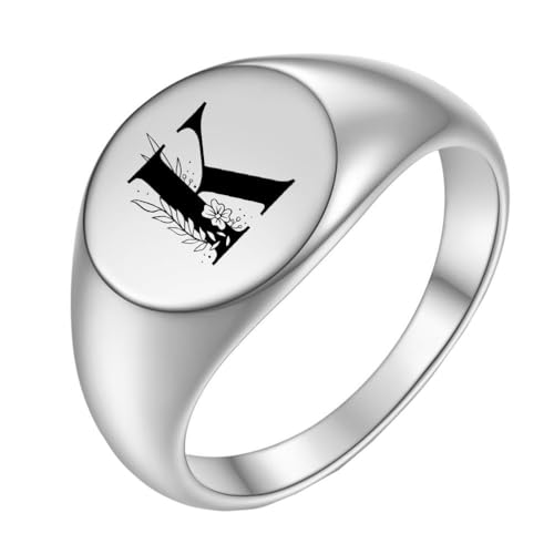 OAKKY Herren Damen Edelstahl Einfach Rose 22mm Rund Alphabet A bis Z Initialen Ringe Hochzeit Verlobung Statement Schmuck Silber K Größe 54 (17.2) von OAKKY