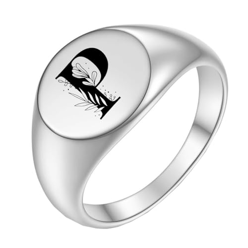 OAKKY Herren Damen Edelstahl Einfach Rose 22mm Rund Alphabet A bis Z Initialen Ringe Hochzeit Verlobung Statement Schmuck Silber P Größe 47 (15.0) von OAKKY