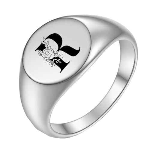 OAKKY Herren Damen Edelstahl Einfach Rose 22mm Rund Alphabet A bis Z Initialen Ringe Hochzeit Verlobung Statement Schmuck Silber R Größe 68 (21.6) von OAKKY
