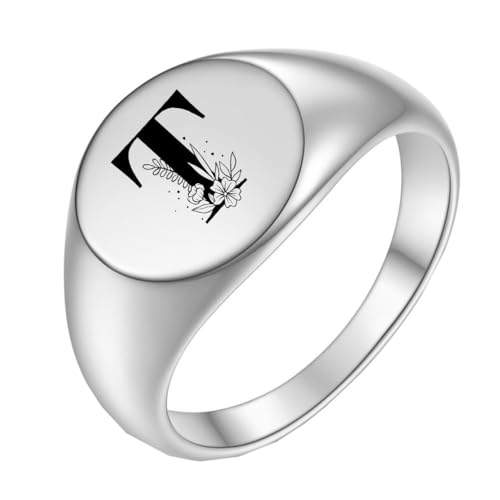 OAKKY Herren Damen Edelstahl Einfach Rose 22mm Rund Alphabet A bis Z Initialen Ringe Hochzeit Verlobung Statement Schmuck Silber T Größe 65 (20.7) von OAKKY