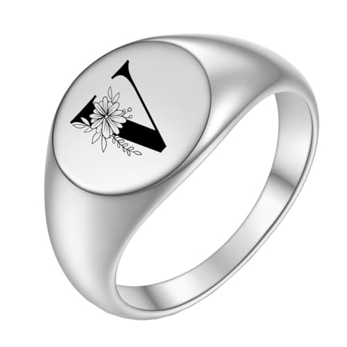 OAKKY Herren Damen Edelstahl Einfach Rose 22mm Rund Alphabet A bis Z Initialen Ringe Hochzeit Verlobung Statement Schmuck Silber V Größe 68 (21.6) von OAKKY
