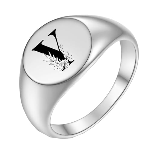 OAKKY Herren Damen Edelstahl Einfach Rose 22mm Rund Alphabet A bis Z Initialen Ringe Hochzeit Verlobung Statement Schmuck Silber Y Größe 52 (16.6) von OAKKY