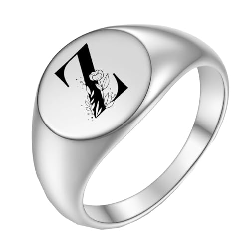 OAKKY Herren Damen Edelstahl Einfach Rose 22mm Rund Alphabet A bis Z Initialen Ringe Hochzeit Verlobung Statement Schmuck Silber Z Größe 57 (18.1) von OAKKY