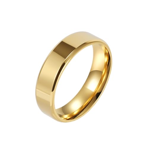 OAKKY Herren Damen Edelstahl Einfache Solide Doppelt Abgeschrägte Kante Bogen Glatt Poliert Paar Verlobungsring Charm Titan Schmuck 6MM Gold Größe 70 (22.3) von OAKKY