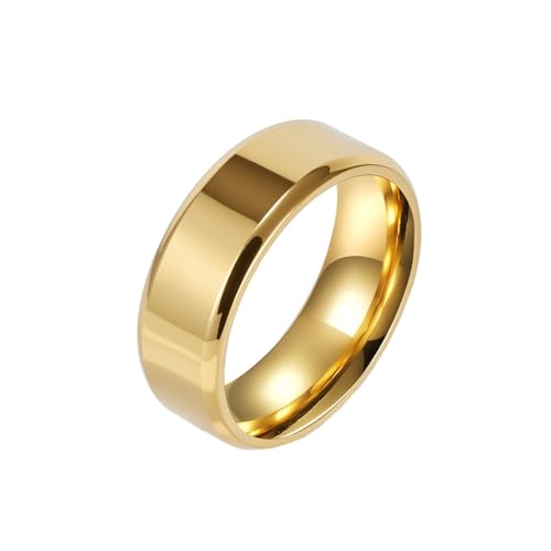 OAKKY Herren Damen Edelstahl Einfache Solide Doppelt Abgeschrägte Kante Bogen Glatt Poliert Paar Verlobungsring Charm Titan Schmuck 8MM Gold Größe 70 (22.3) von OAKKY