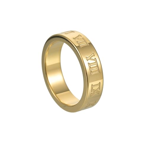 OAKKY Herren Damen Edelstahl Gothic Römische Ziffer Polierte Hochzeit Paar Ring Hip Hop Versprechen Schmuck 6MM Gold Größe 62 (19.7) von OAKKY